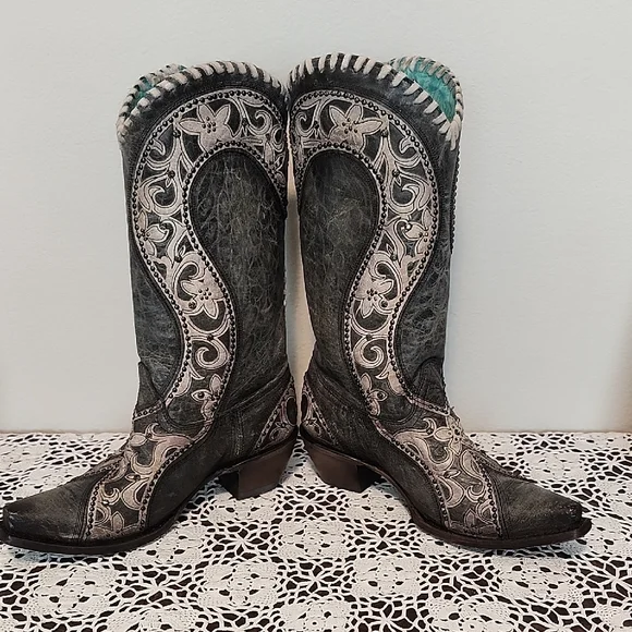 Corral Womens Black/Gray Boots Size 9 Dusky Floral Overlay Crystals & Studs - Picture 1 of 17
